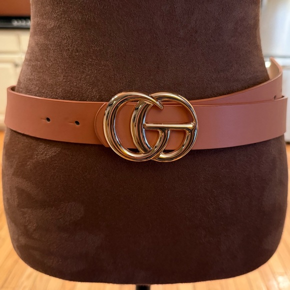 Tan  Faux Leather Belt with Gold Buckle - Picture 2 of 4
